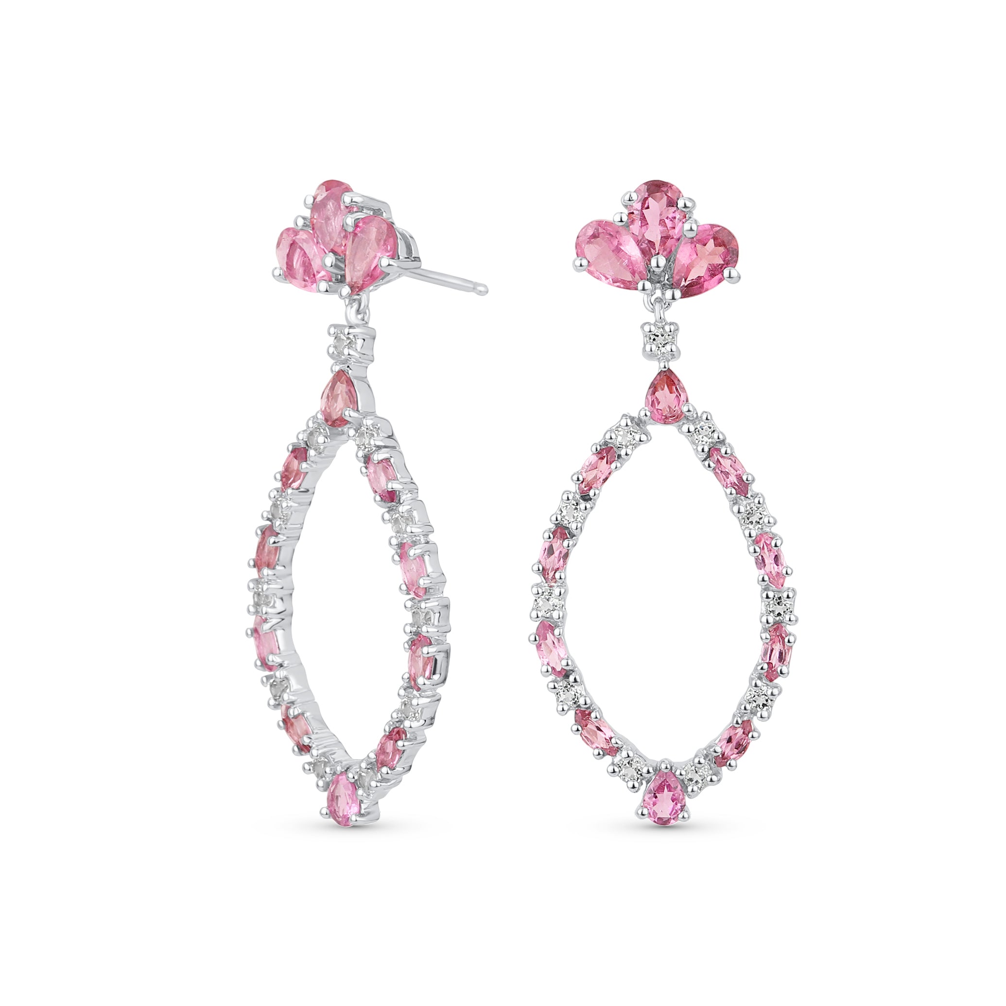 gemstone_pink_teardrop_chandelier_earrings_vj-e8989pk1 Cocktail Style Pink Tourmaline Large Open Teardrops Chandelier Earrings .925 Sterling Silver - Image 1