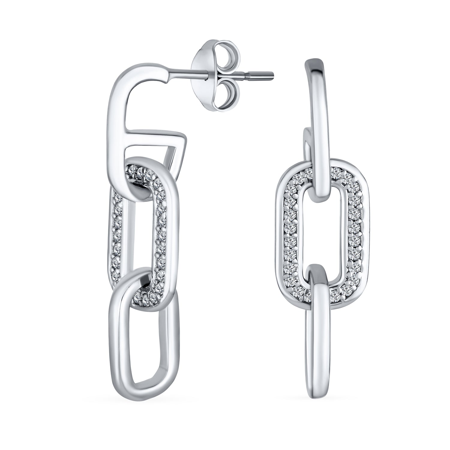 geometric-chain-cz-dangling-earrings-srn-s848040e-01 Geometric Vertical Rectangle Dangle Chandelier Earrings Sterling Silver with CZ - Image 1