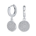 Geometric CZ Pave Circle Coin Drop Huggie Mini Hoop Earrings .925 Sterling Silver