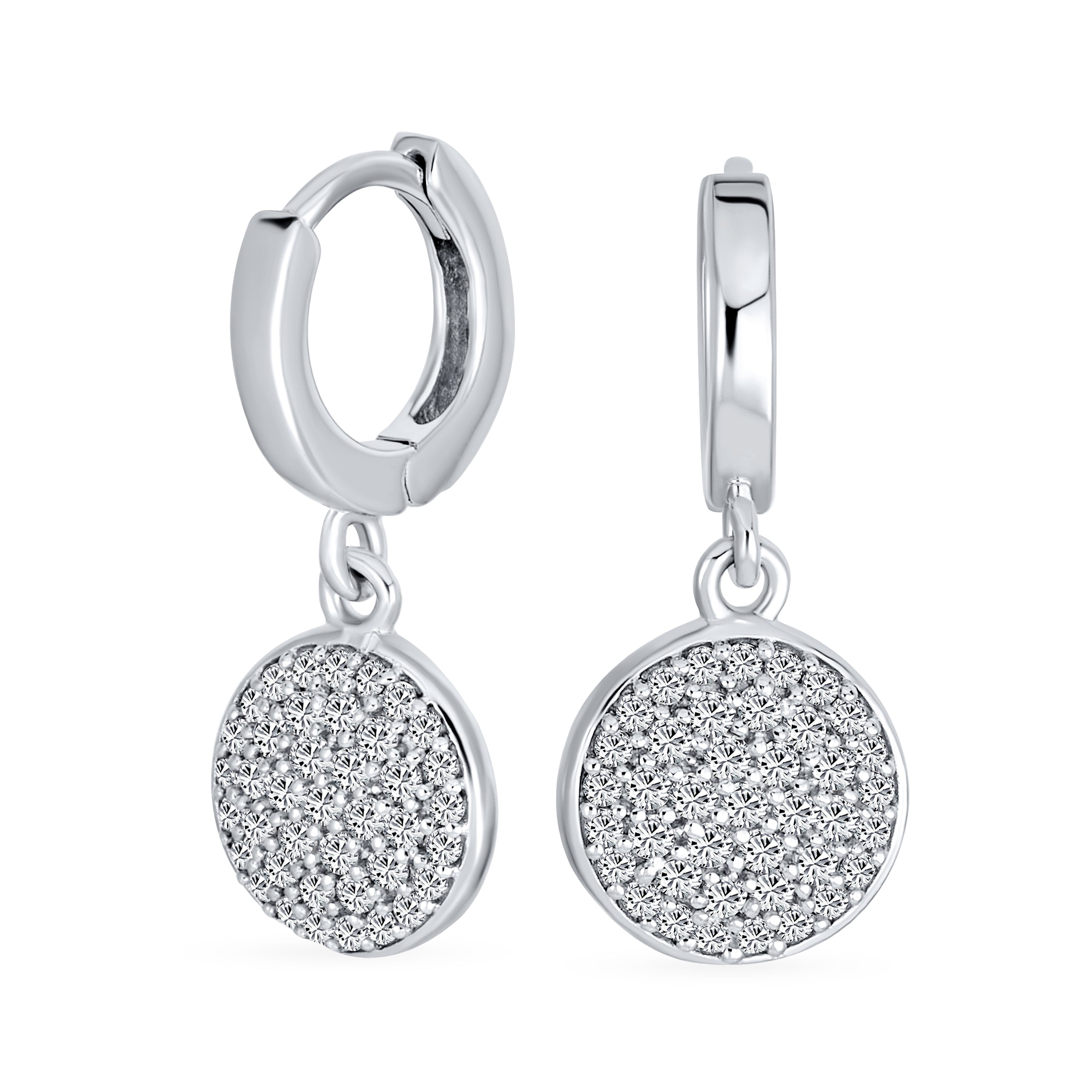 geometric-dainty-cz-disc-earrings-srn-s895979e-az-01 Geometric CZ Pave Circle Coin Drop Huggie Mini Hoop Earrings .925 Sterling Silver - Image 1
