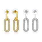 Set of 2 Vertical U Rectangle CZ Dangling Link Paperclip Earrings