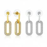 Set of 2 Vertical U Rectangle CZ Dangling Link Paperclip Earrings