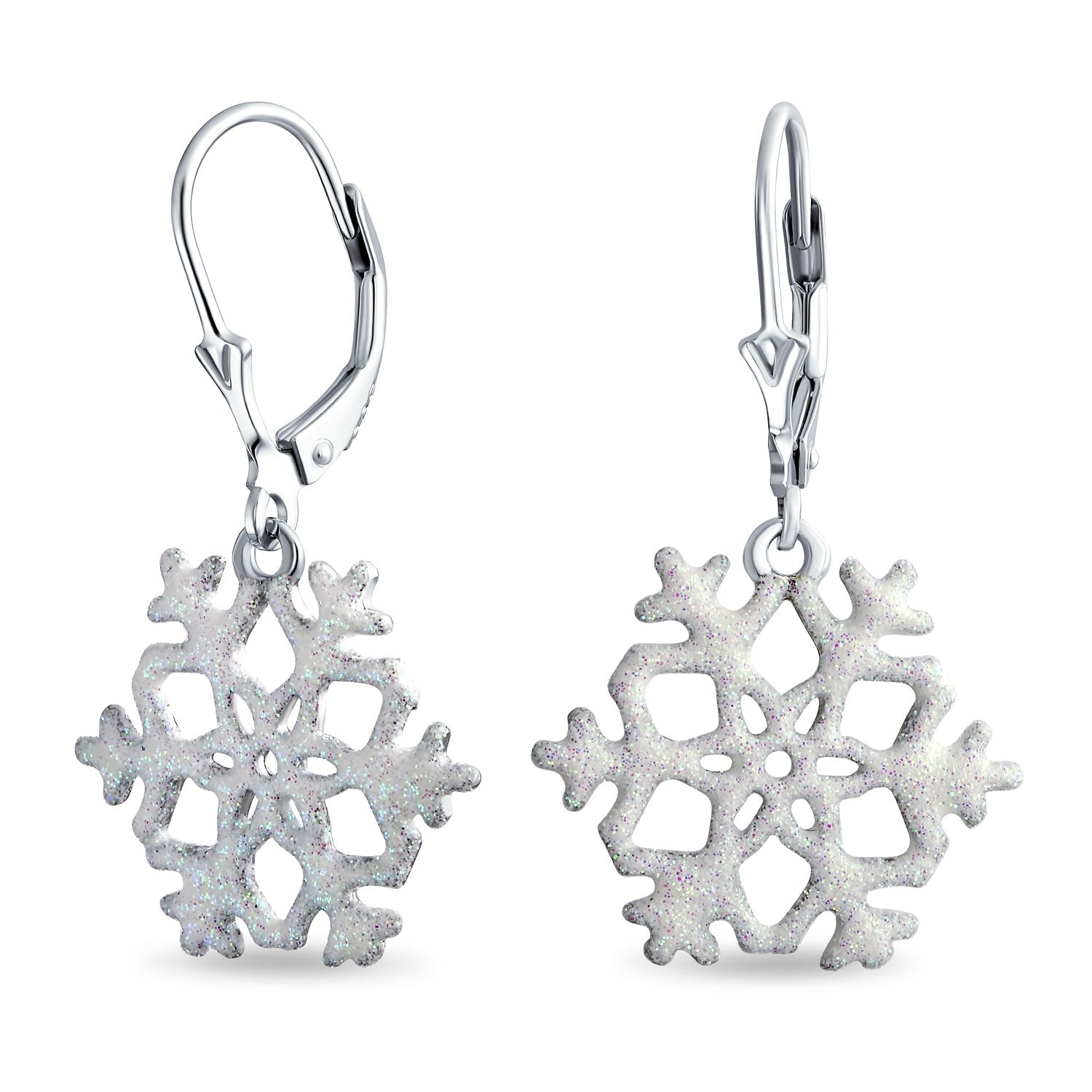 glitter-snowflake-earring-stardust-white_pfs-13-5950-e_1 Frozen Winter Holiday White Glitter Snowflake Dangle Earrings Sterling Silver - Image 1