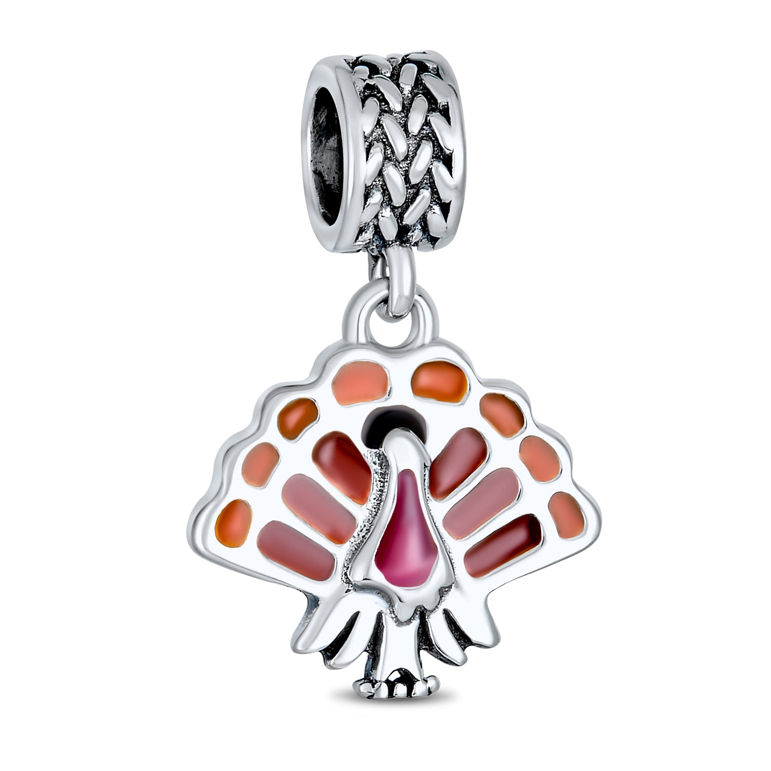 gobble-turkey-charm-bead_pbx-hsd-216_1 Thanksgiving Turkey Dangle Charm Bead Brown Enamel for European Bracelet Silver - Image 1