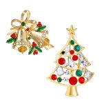 Set of 2 Large Colorful Crystal Christmas Tree and Bells Brooch Pin Gold Plated