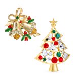 Set of 2 Large Colorful Crystal Christmas Tree and Bells Brooch Pin Gold Plated