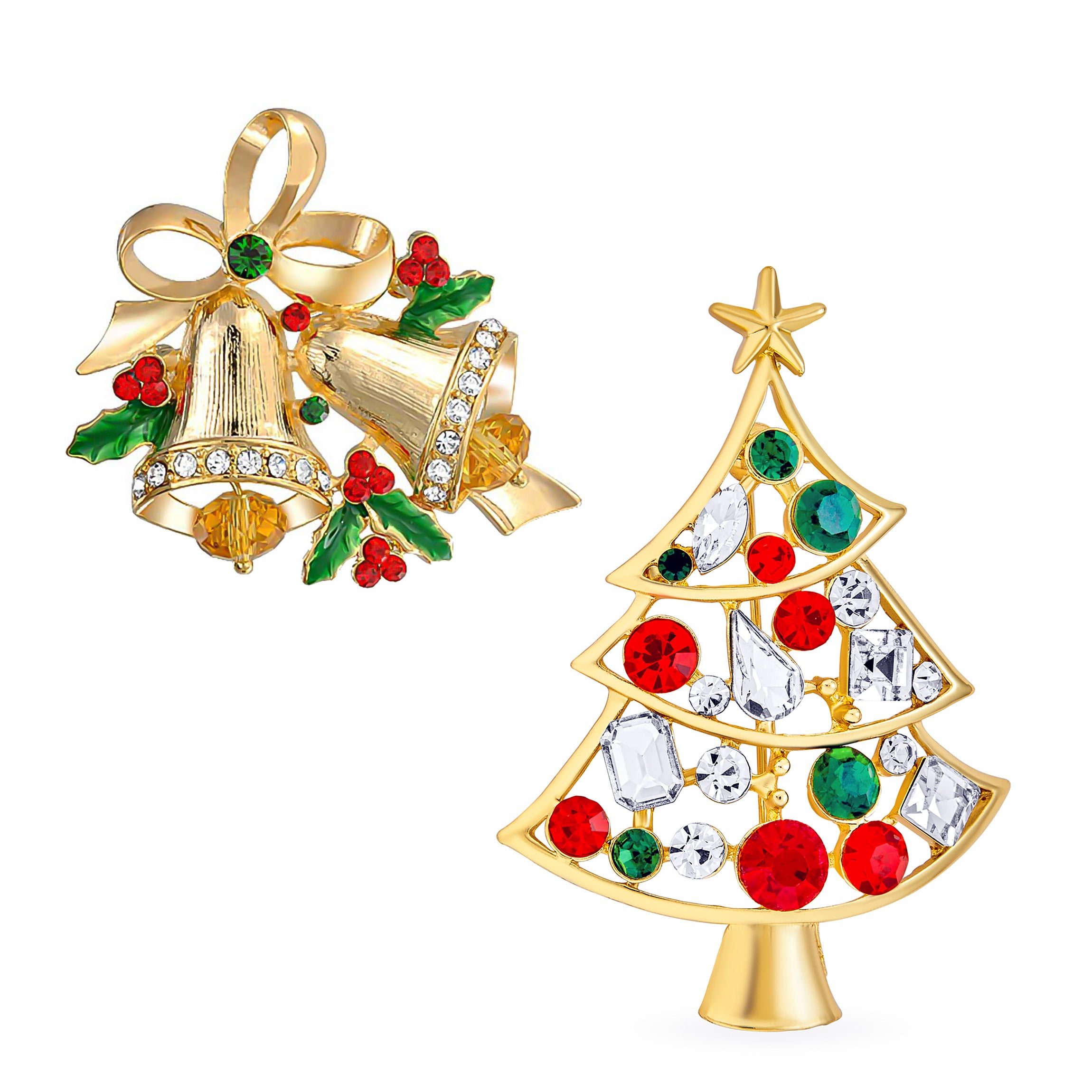 gold-bells-crystal-christmas-brooch_faj-dbh00831_az-set Set of 2 Large Colorful Crystal Christmas Tree and Bells Brooch Pin Gold Plated - Image 1