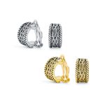 Set of 2 Grooved Rope Half Hoop Clip-On Earrings Gold Plated