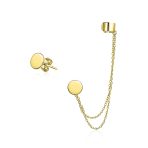 Flat Circle Disc Clip On Double Chain Band Wrap Ear Cuff Stud Earring Set Gold Plated - Image 2