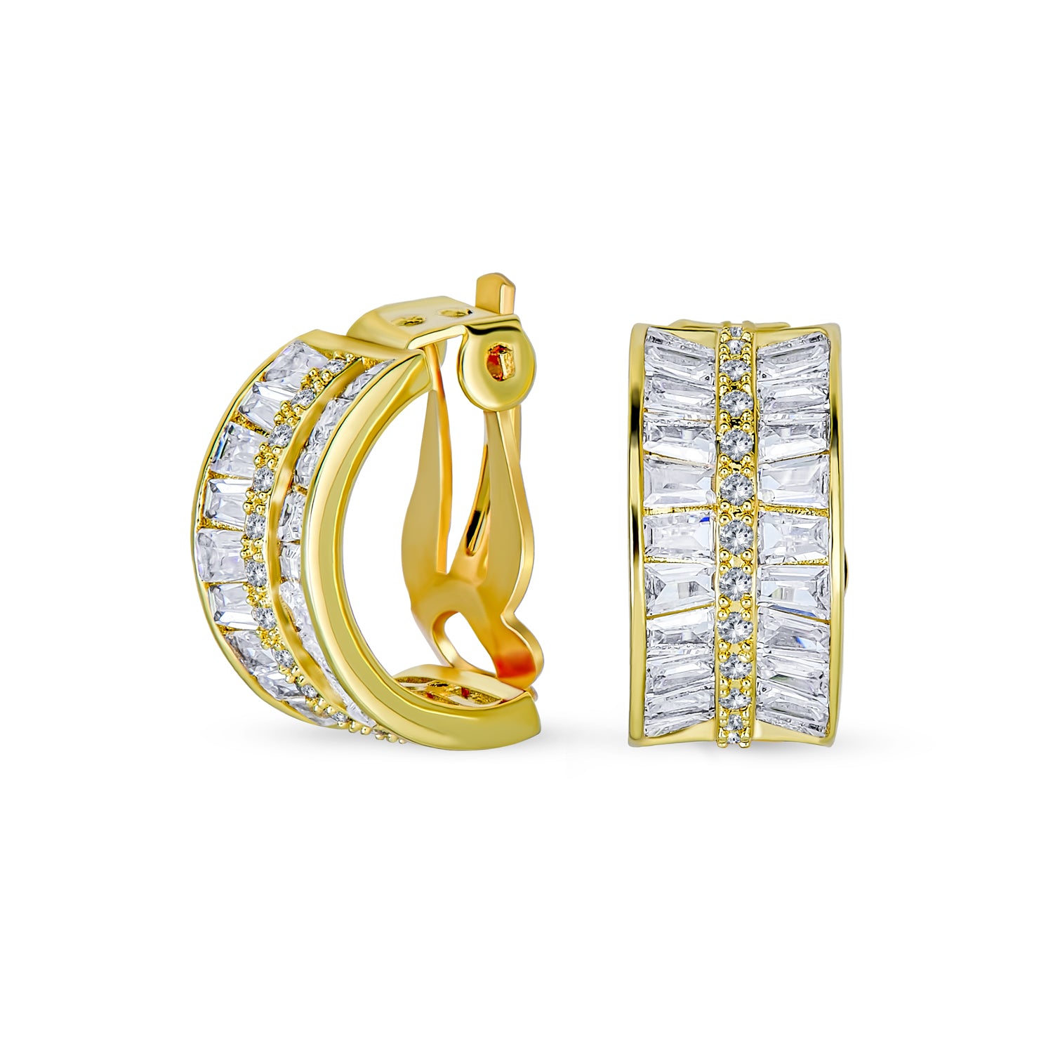 gold-clip-on-cz-bridal-earring-ag-ez-7846gl_1 Art Deco Style Cocktail CZ Cubic Zirconia Half Hoop Baguette Earrings Clip On - Image 1