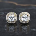 CZ Halo Princess Cut Cubic Zirconia Statement Stud Clip On Earrings Gold Plated - Image 4