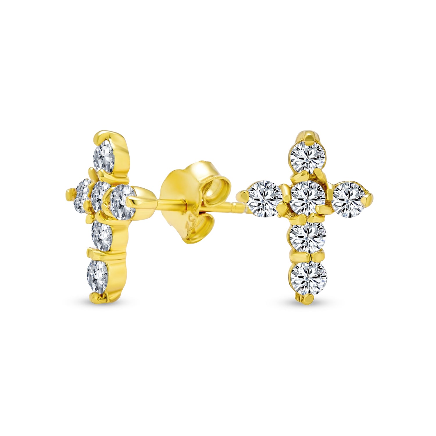 gold-cz-cross-stud-earrings-mdr-213e-054_1 Petite Religious CZ Cross Stud Earrings in Gold Plated Sterling Silver - Image 1
