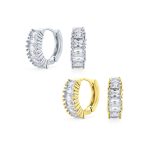 Set of 2 CZ Hoop Huggie Earrings Emerald Cut Milgrain Edge