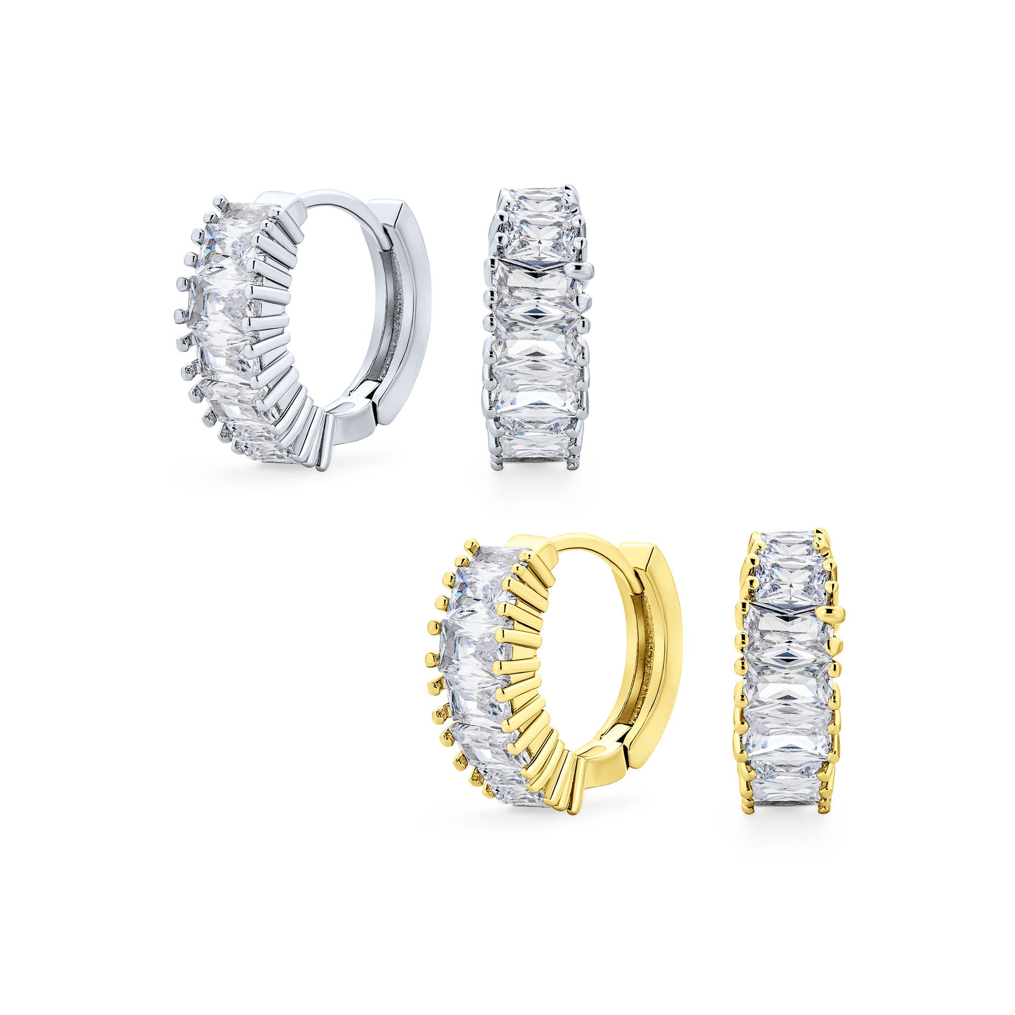 gold-cz-huggie-earring-_ag-ez-4286set-az Set of 2 CZ Hoop Huggie Earrings Emerald Cut Milgrain Edge - Image 1
