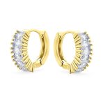 Set of 2 CZ Hoop Huggie Earrings Emerald Cut Milgrain Edge - Image 2