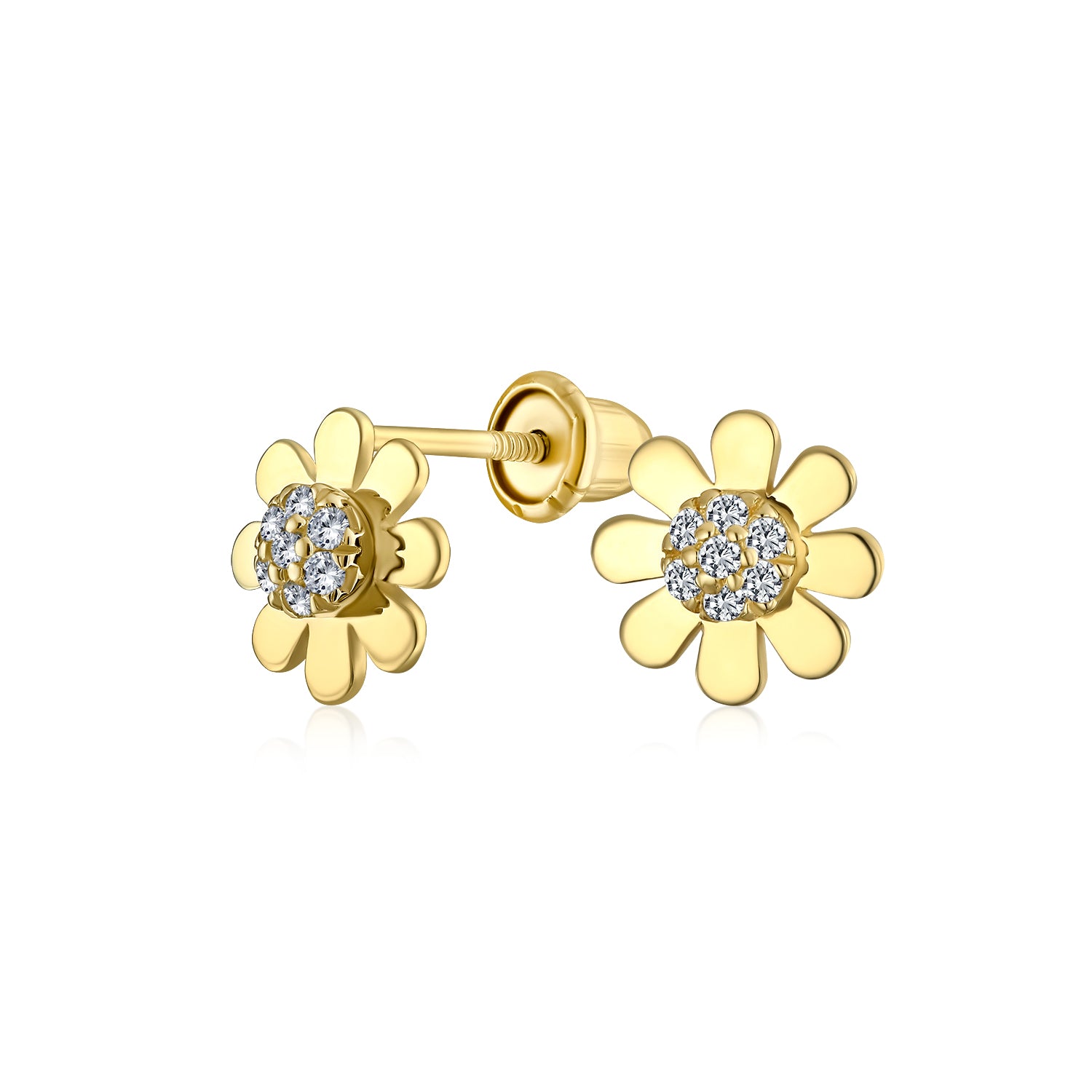 gold-daisy-14k-baby-studs_gio-fe2984-az_1 Tiny Petite CZ Stud Earrings, 14K Gold Sunflower Daisy Design, Secure Screw Back - Image 1