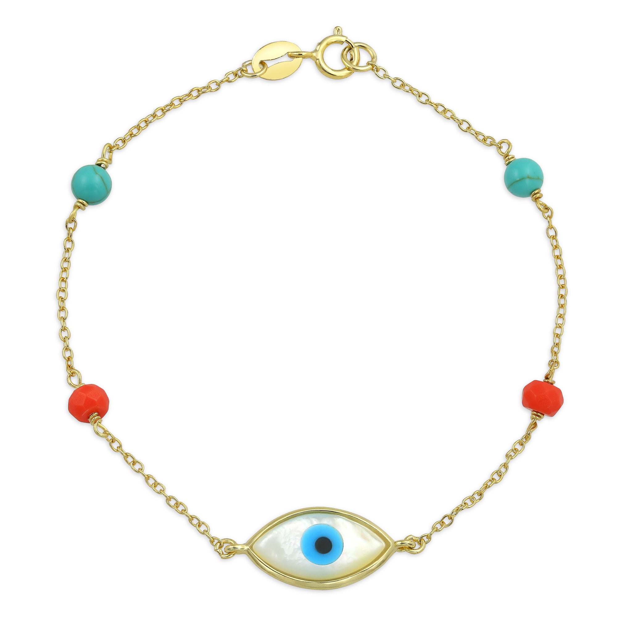 gold-delicate-evil-eye-bracelet-turquoise-beaded_pfs-14-1650-a-az_1 Protection Amulet Good Luck Charm Evil Eye Bracelet Gold Plated Silver 7 Inch - Image 1