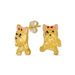 Best Friend Animal Pink Bow Yorkshire Stud Earrings Gold