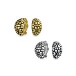 Set of 2 Wide Shrimp Half Hoop Flower Clip On Earrings For Non Pierced Ears Oxidized Gold & Silver