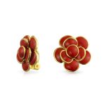 Fashion Enamel 3D Red Rose Flower Clip on Earrings Button Style For Non-Pierced Ears Gold Plated