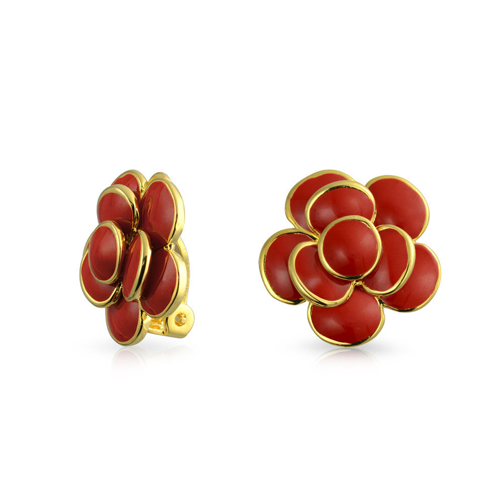 gold-earring-red-flower-clipon_ag-se0202-ru-az Fashion Enamel 3D Red Rose Flower Clip on Earrings Button Style For Non-Pierced Ears Gold Plated - Image 1