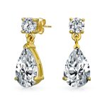Bridal CZ Dangle Chandelier Earrings 14K Gold Plated Silver - Image 2