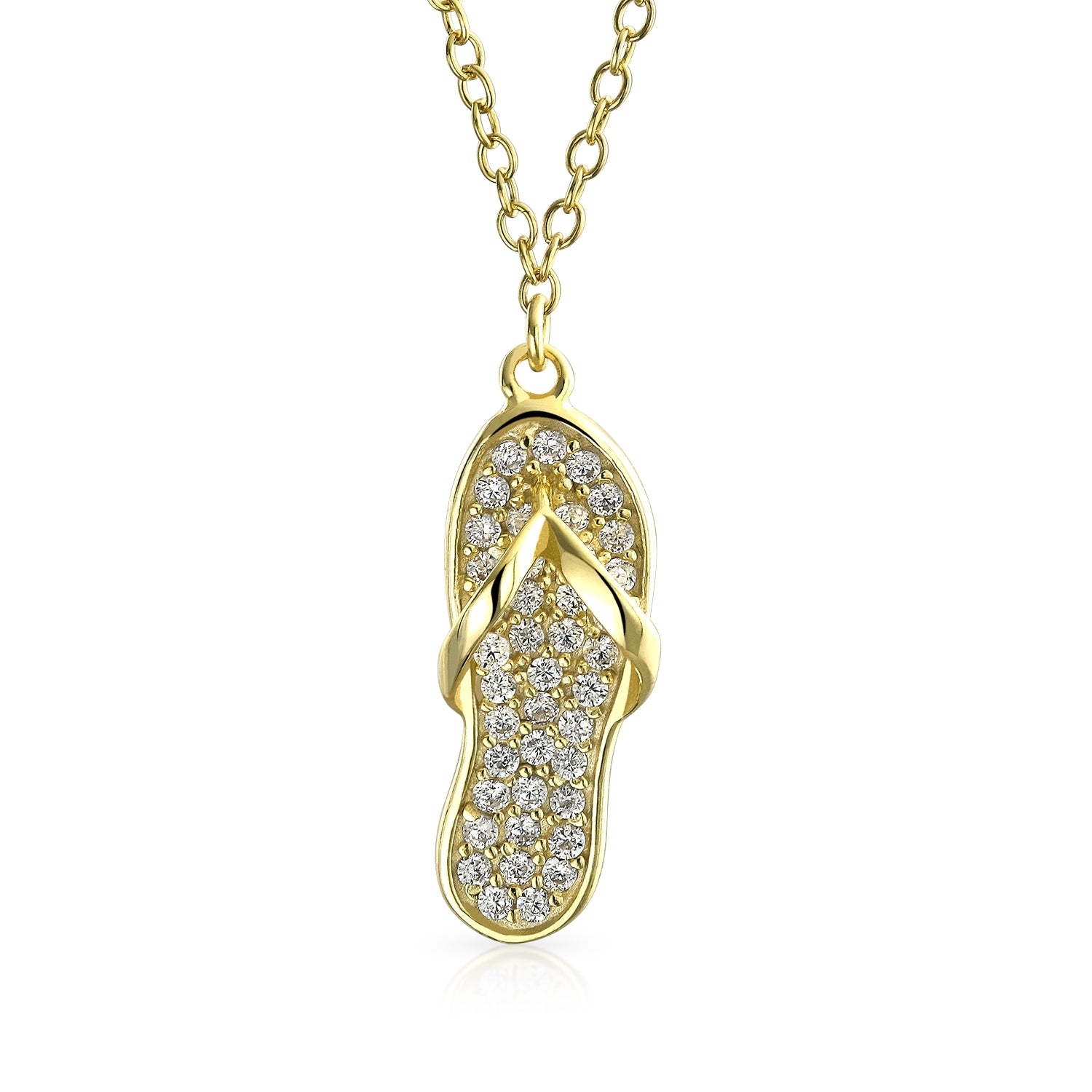 gold-flip-flop-cz-necklace_pfs-55-0502-az_1 Tropical Nautical CZ Flip Flop Sandal Pendant Necklace 14K Gold Plated Silver - Image 1