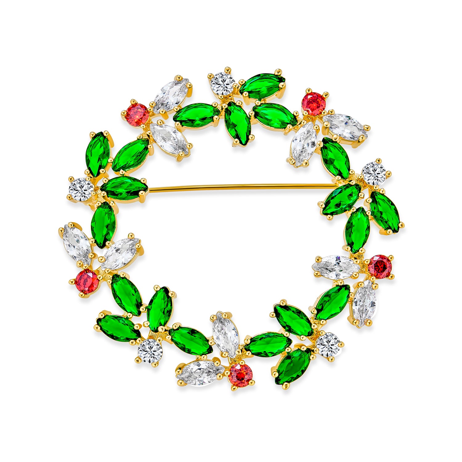 gold-green-red-cz-brooch-green-oa-44ola037_1 Colorful Marquise CZ Wreath Brooche Pin 14K Gold Plated for Christmas Holiday - Image 1