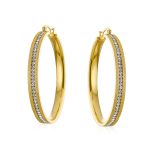 Channel Set CZ Statement Hoop Earrings Stardust Finish Plated Stainless Steel - Image 3