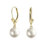 Real 14K Yellow Gold Round Freshwater Pearl Drop Ball Dangle Earrings Lever back