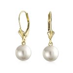 Real 14K Yellow Gold Round Freshwater Pearl Drop Ball Dangle Earrings Lever back