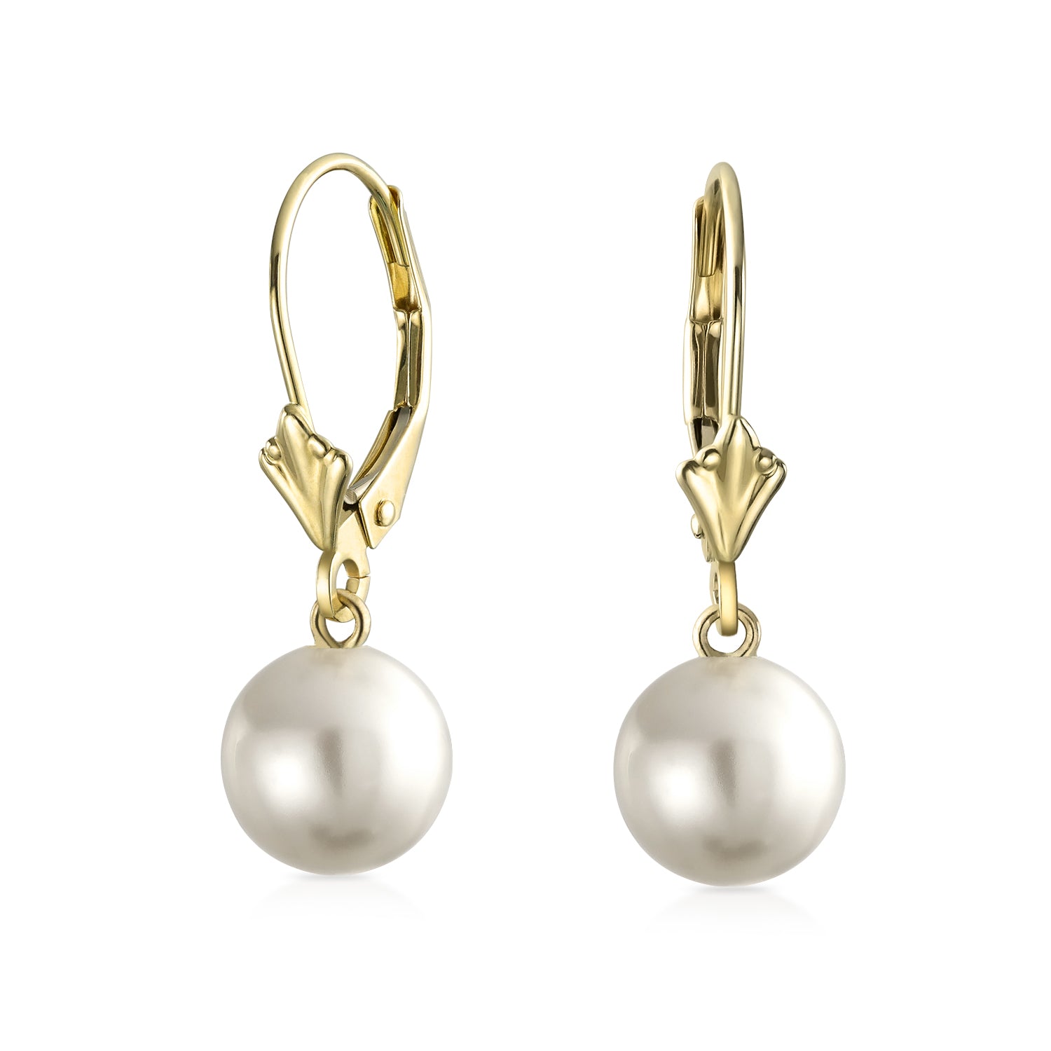 gold-ivory-dangle-earrings-bs-14klver-swprl-wht_1 Real 14K Yellow Gold Round Freshwater Pearl Drop Ball Dangle Earrings Lever back - Image 1