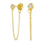 Minimalist 4MM Star CZ Stud Earrings with Delicate Chain in 14K Gold or Silver - Image 2