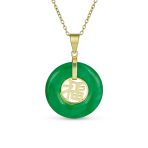Asian Good Fortune Fu Symbol Green Jade Disc Pendant Necklace Gold Plated .925 Sterling Silver - Image 2