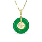Asian Good Fortune Fu Symbol Green Jade Disc Pendant Necklace Gold Plated .925 Sterling Silver - Image 4