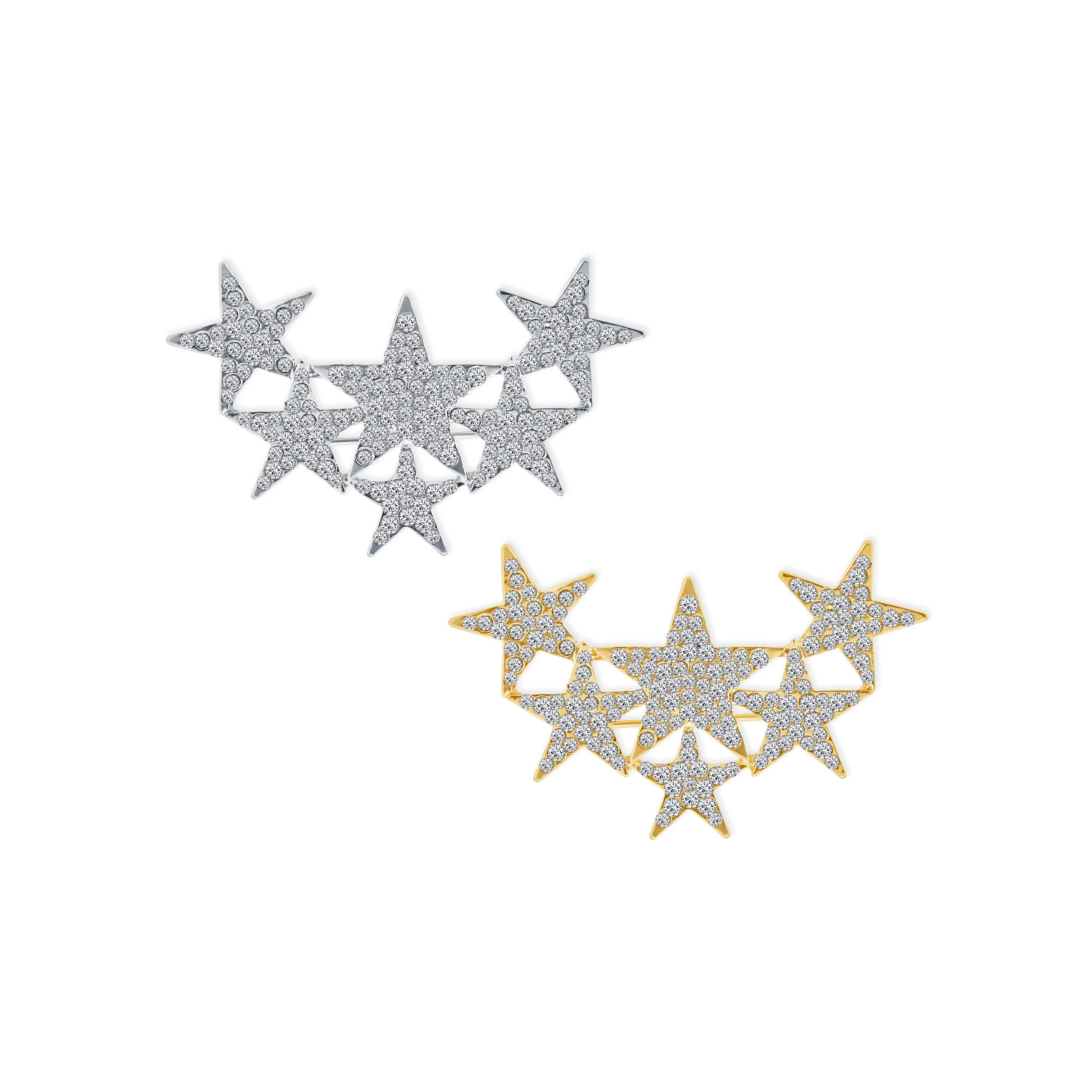 gold-patriotic-pin-brooch-stars-faj-bh7303-set-az Set of 2 Large Celestial Rock Star Crystal Stars Brooch Pin Silver Gold Plated - Image 1