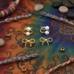 Set of 2 Dainty Bow & Spiral Pearl Cartilage Ear Cuff Helix Earrings Gold Plated - Image 2