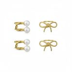 Set of 2 Dainty Bow & Spiral Pearl Cartilage Ear Cuff Helix Earrings Gold Plated