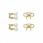 Set of 2 Dainty Bow & Spiral Pearl Cartilage Ear Cuff Helix Earrings Gold Plated