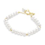 Traditional Bridal 5MM White Freshwater Pearl Strand Bracelet with Gold Beads 7"