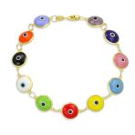 Good Luck Amulet Turkish Translucent Green Glass Evil Eye Bracelet .925 Sterling Silver 7.5 Inch