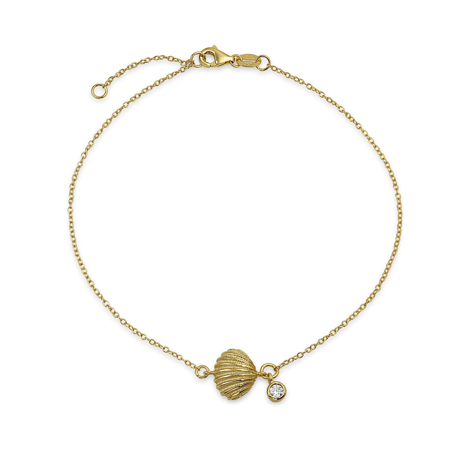 gold-plated-nautical-seashell-cz_pfs-54-0361-az_1 Nautical CZ Seashell Anklet Ankle Bracelet 14K Gold Plated Sterling Silver 9-10" - Image 1