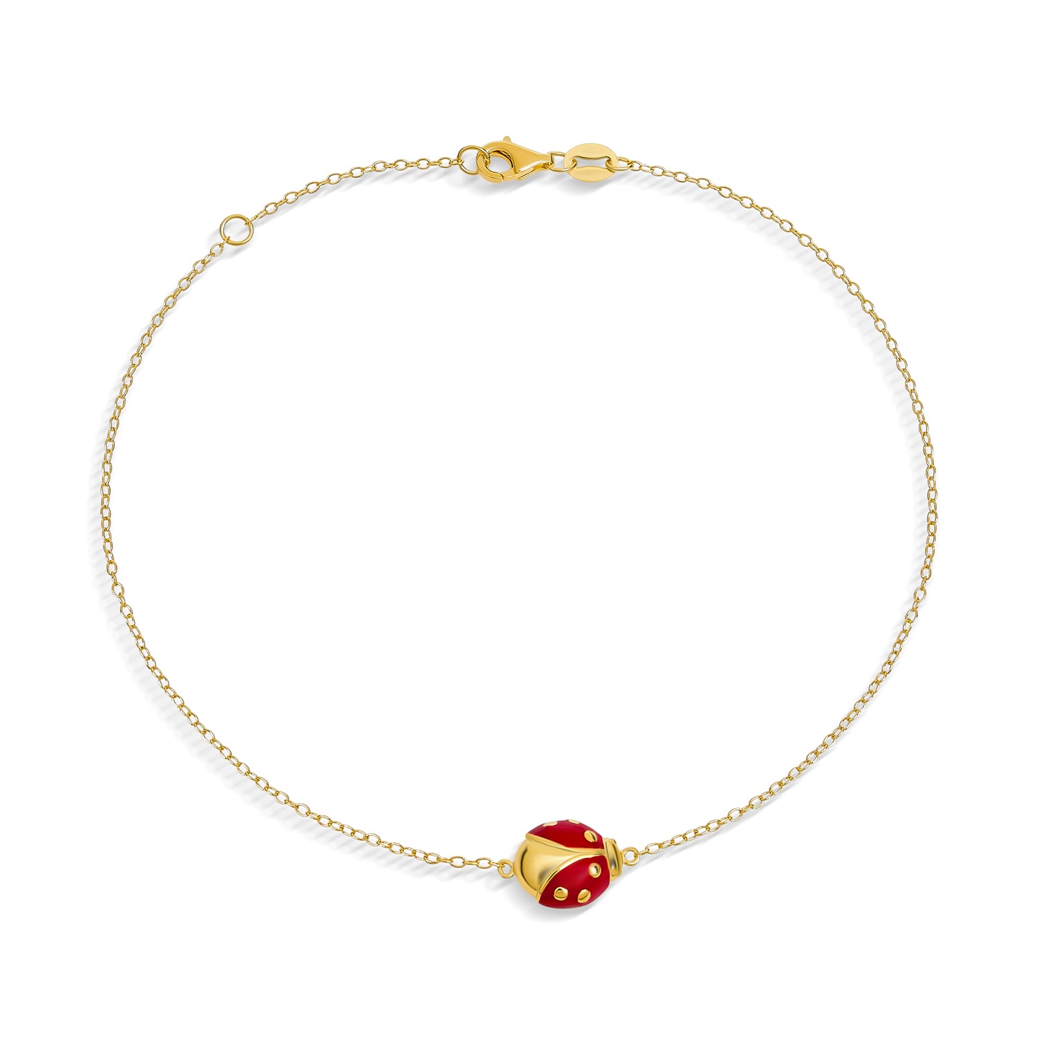 gold-red-enamel-ankelt-ladybug_pfs-14-1713 Red Ladybug Garden Charm Anklet Link Ankle Bracelet Gold Plated Sterling Silver Adjustable 9 To 10 Inch With Extender - Image 1
