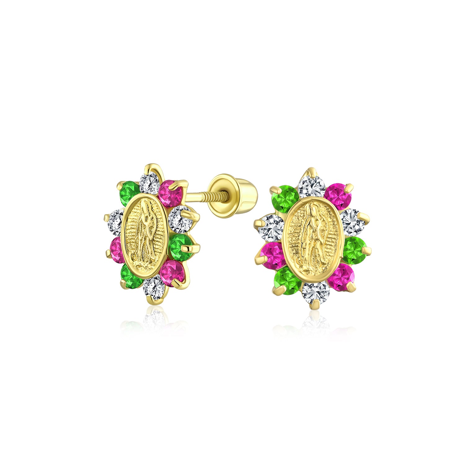 gold-red-green-red-cubic_eh-emry-az_1 Small Green Pink CZ Stud Earrings with Holy Mother Medallion in 14K Gold - Image 1