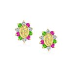 Small Green Pink CZ Stud Earrings with Holy Mother Medallion in 14K Gold - Image 2