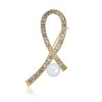 White Pearl Clear Crystal Pave Pink Ribbon Breast Cancer Brooch Pin Gold Plated