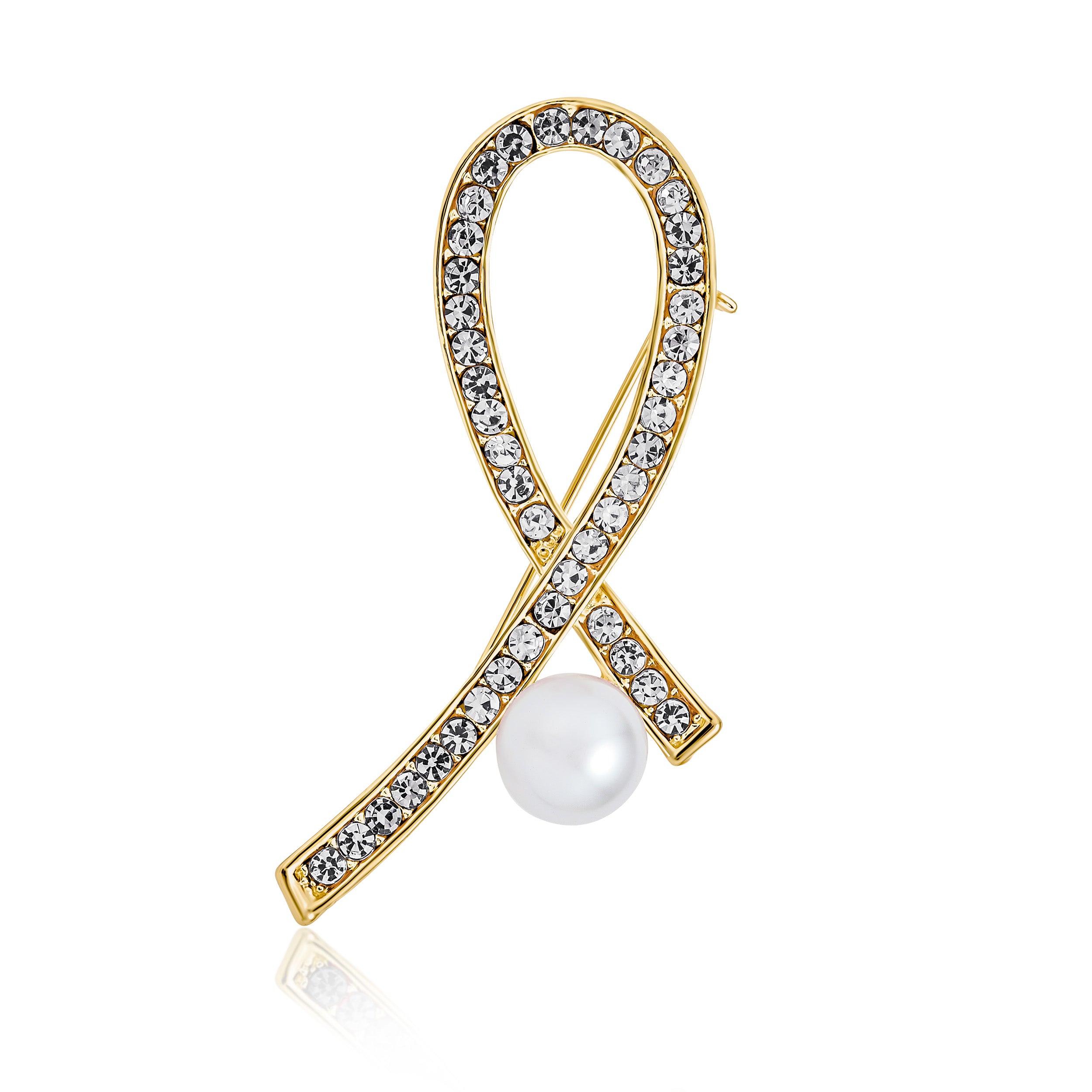 gold-red-ribbon-cancer-pin-pearl-faj-dbh01208wg White Pearl Clear Crystal Pave Pink Ribbon Breast Cancer Brooch Pin Gold Plated - Image 1