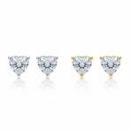 Set of 2 Heart CZ Solitaire Stud Earrings 1CT Sterling & 2CT Gold Plated Silver