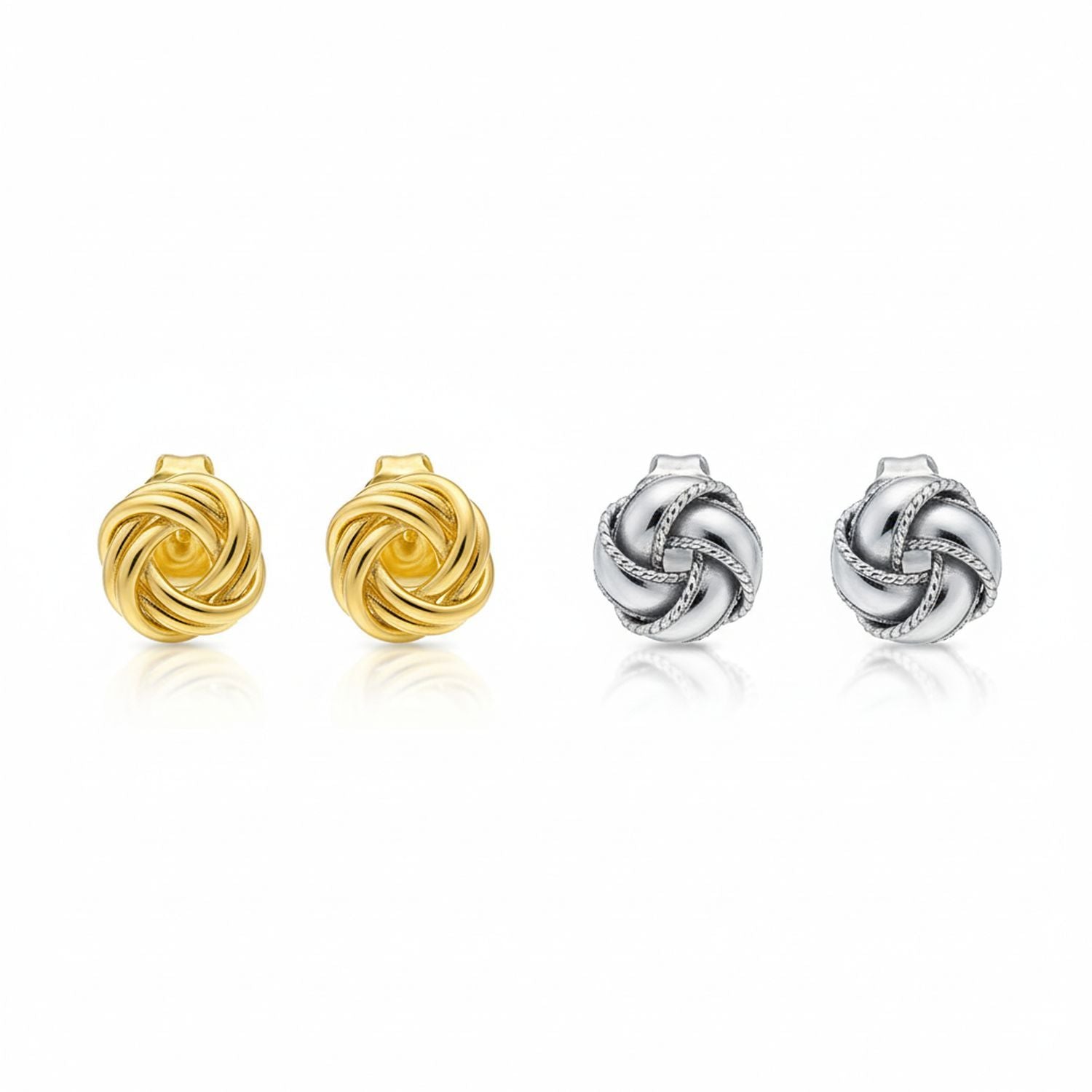 gold-silver-pair-love-knot-stud-earrings-set-appl-a31259-e-set-az Set of 2 Love Knot Braided Edge & Twisted Rope Stud Earrings Gold Plated Silver - Image 1