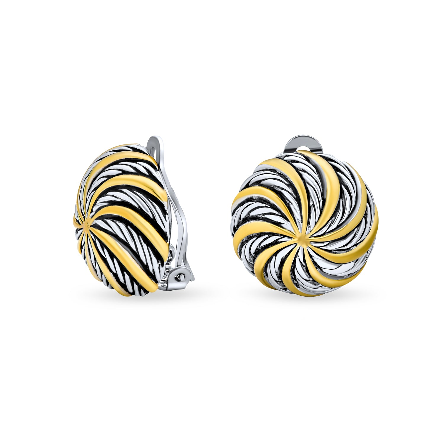 gold-silver-spiral-circle-clip-on-earrings_ag-se-9696-at_1 Geometric Swirl Clip-On Earrings Two-Tone Round Disc Gold - Image 1